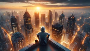 A person sitting on the edge of a rooftop at sunset, overlooking a glowing city skyline, representing the thrill and beauty of urban rooftop exploration