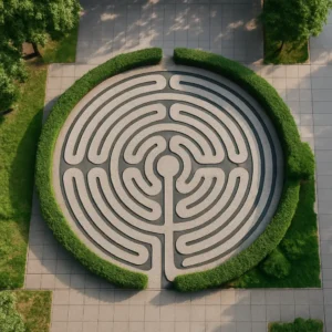 Aerial view of an urban labyrinth surrounded by greenery, offering a peaceful space for meditation and reflection in the city.