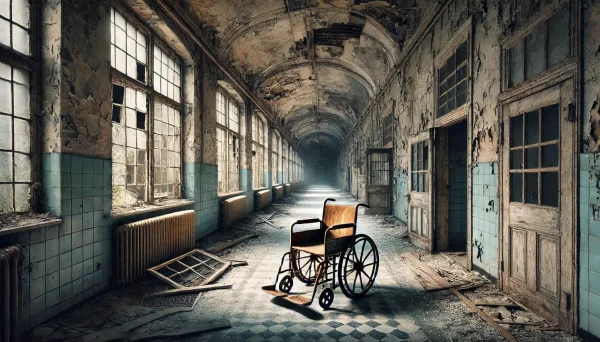 A decaying abandoned hospital corridor, with broken windows, peeling walls, and an old wheelchair, representing the haunting beauty of abandoned hospitals.