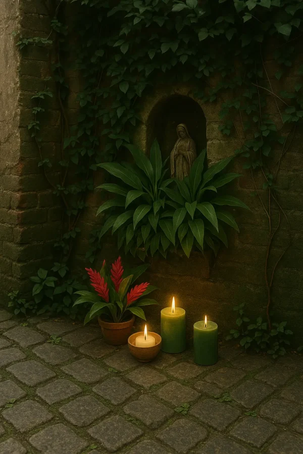 A small hidden altar with candles and flowers tucked into a quiet city corner, evoking peace and devotion.
